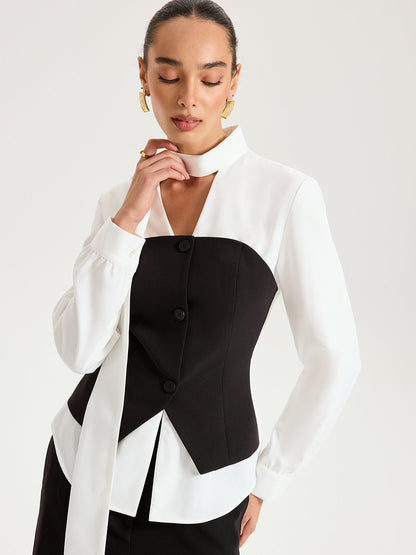 2 in 1 Contrast Panel Tie-Neck Blouse