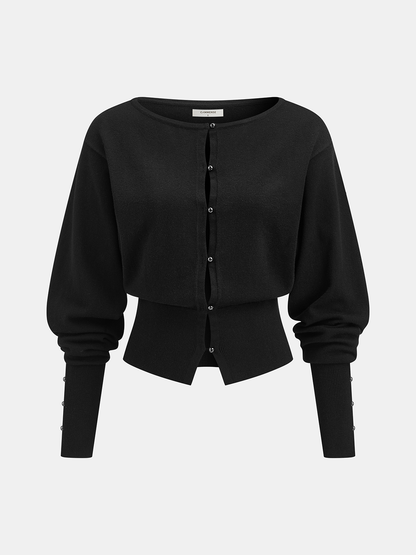 Wool Blend Buttoned Balloon Sleeve Cardigan